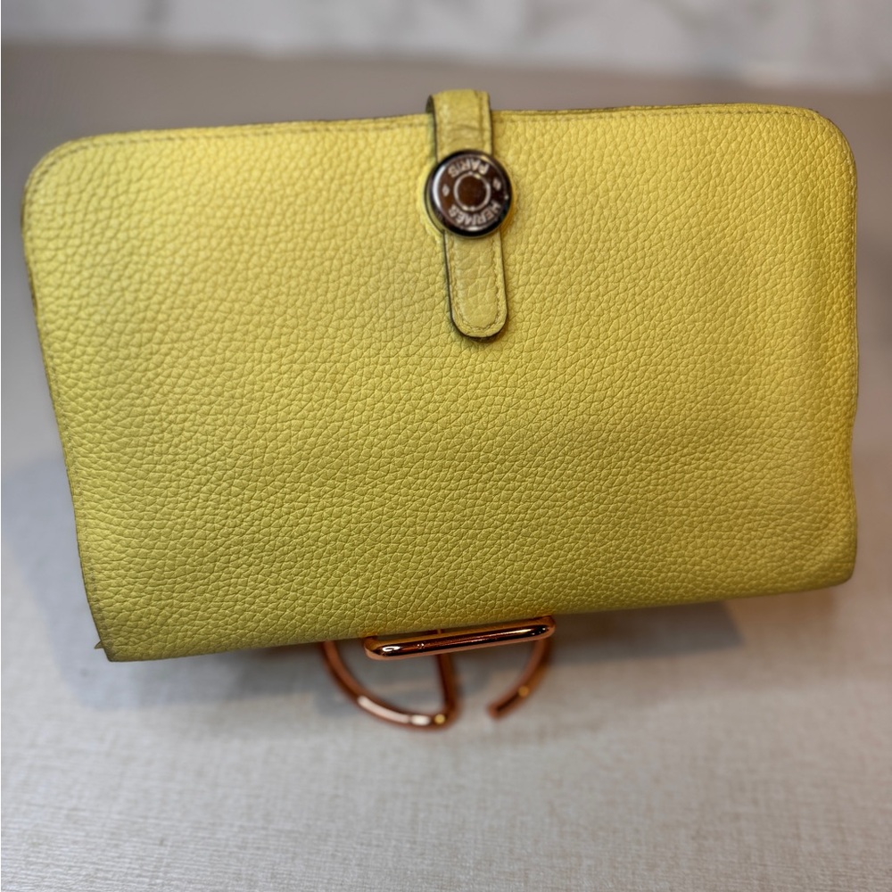 Hermes Dogon Pebbled Leather Long Wallet Lime Green/Yellow Includes Pouch COA